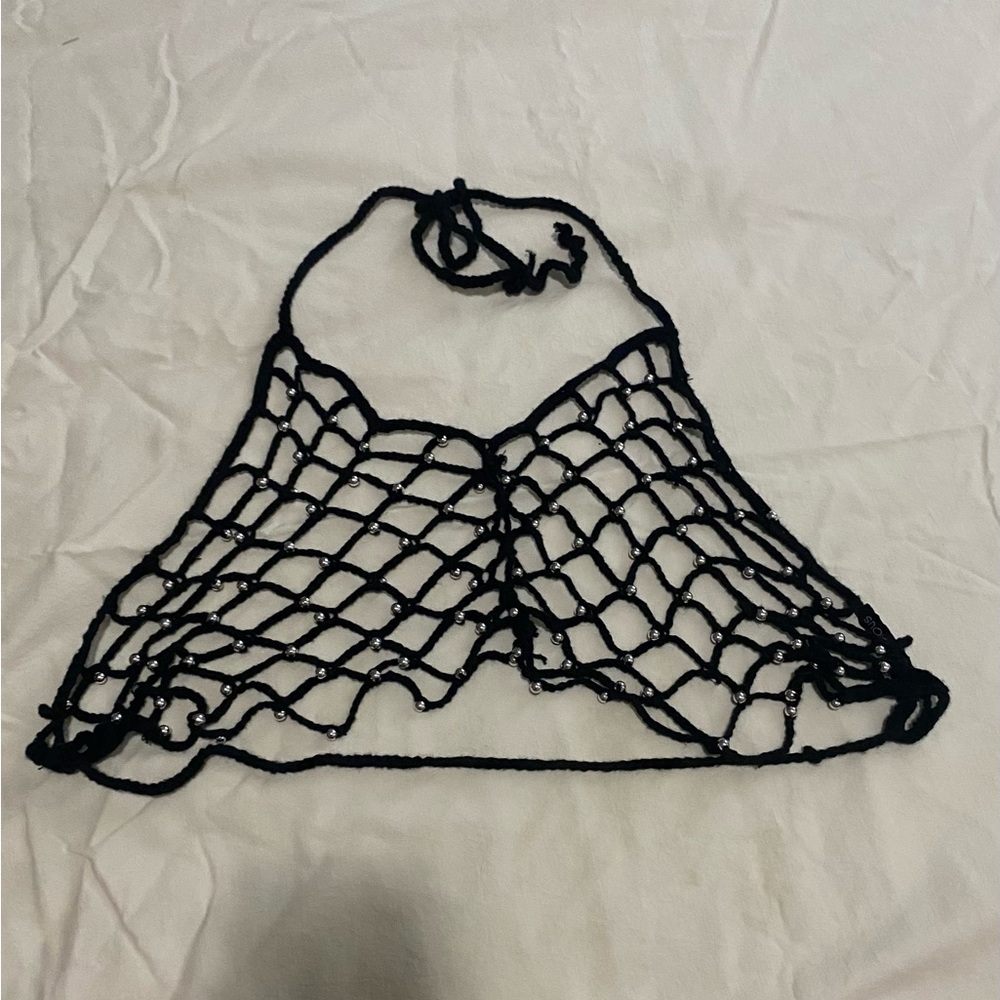 Crochet Black Top with White Pearls